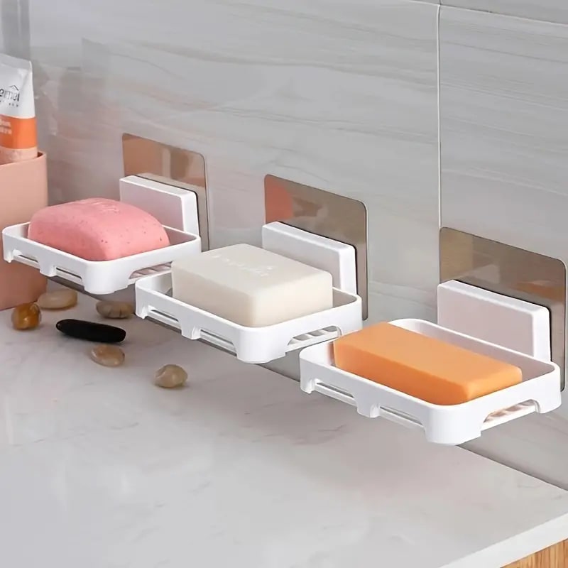 New Arrivals 2PCS Wall Mounted Soap Dishes Rectangular Plastic Soap Holder Bathroom Shower Soap Tray with Drain Kitchen Sponge Organizer