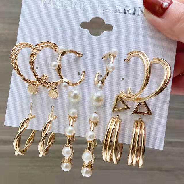 Elegant Jewelry 9 Pieces! Earrings Pearl c Shape Rhinestone Hoop Earrings Geometric Big Stud Earrings Set Girlfriend Gift Valentine Earrings Attractive Earrings
