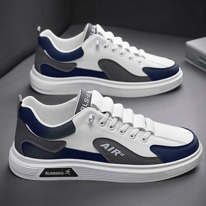Size 41-44 Men's casual PU artificial leather running shoes sneakers boys sports driving shoes students single shoes athletic skateboarding shoes white+ blue+ grey