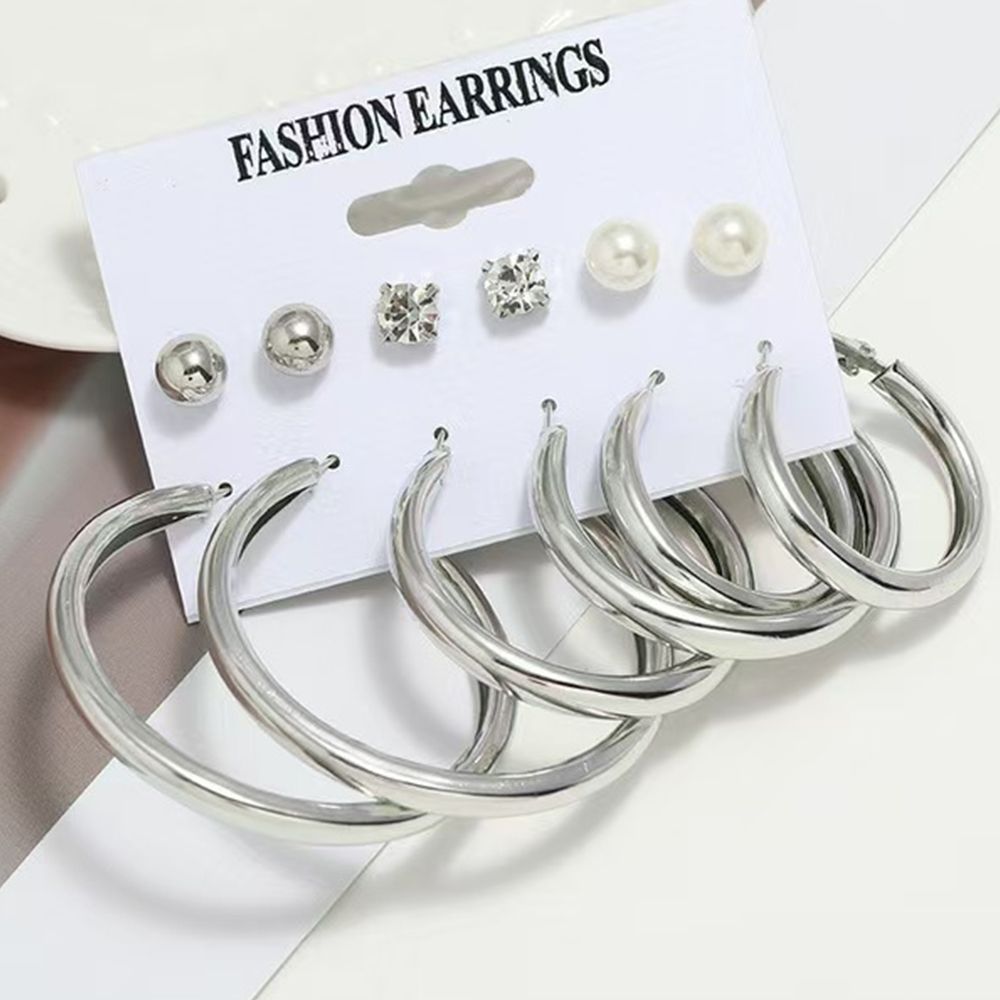 Pearl earrings Stud Metal gold earrings geometric fashion jewelry trendy personality light luxury high sense Oval earrings with diamond female 6 sets