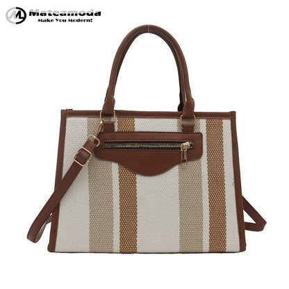 Mateamoda Elegant Striped Tote Bag with Rich Leather Accents Crossbody Bag Underarm Handbag