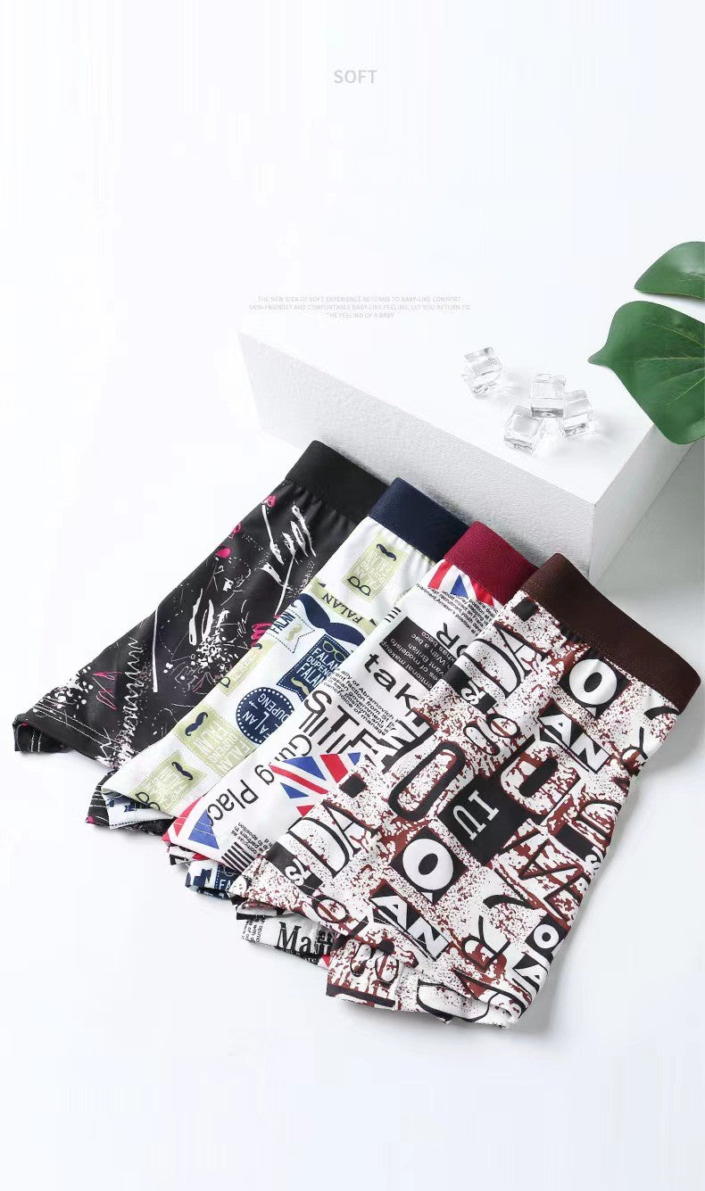 4Pcs Men's Underwear Men's Clothes Underwear Men's Boxer Briefs Ice Silk Underpants Fashion Personalized Print Men's Clothing Underwear