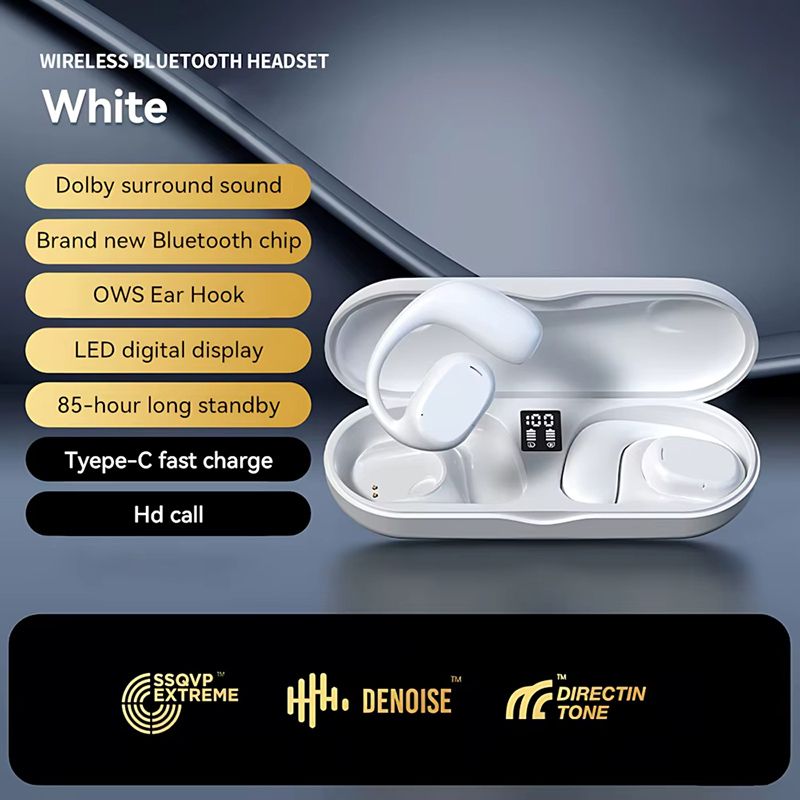Wireless Bluetooth Earphone Bone Conduction Headphones Sports Earbud Ear-hook Waterproof Noise Reduction Earpods Display Touch Control Game Earpiece with Charging Case