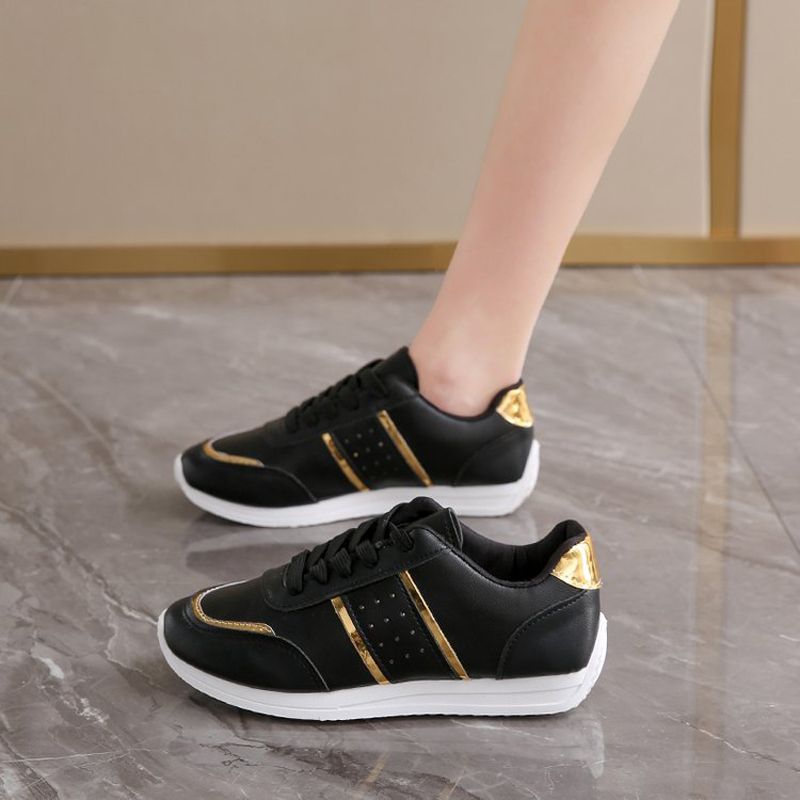Size 38-42 women's PU artificial leather shoes students black shoes ladies running shoes girls board shoes athletic flat fashion casual sports shoes black golden