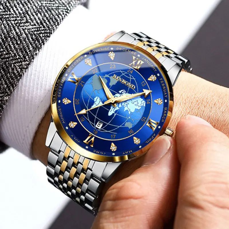 Brand BINBOND Men Quartz Watches Date Calendar Luminous Wristwatch Fashion Men Casual Stainless Steel WaterproofClock