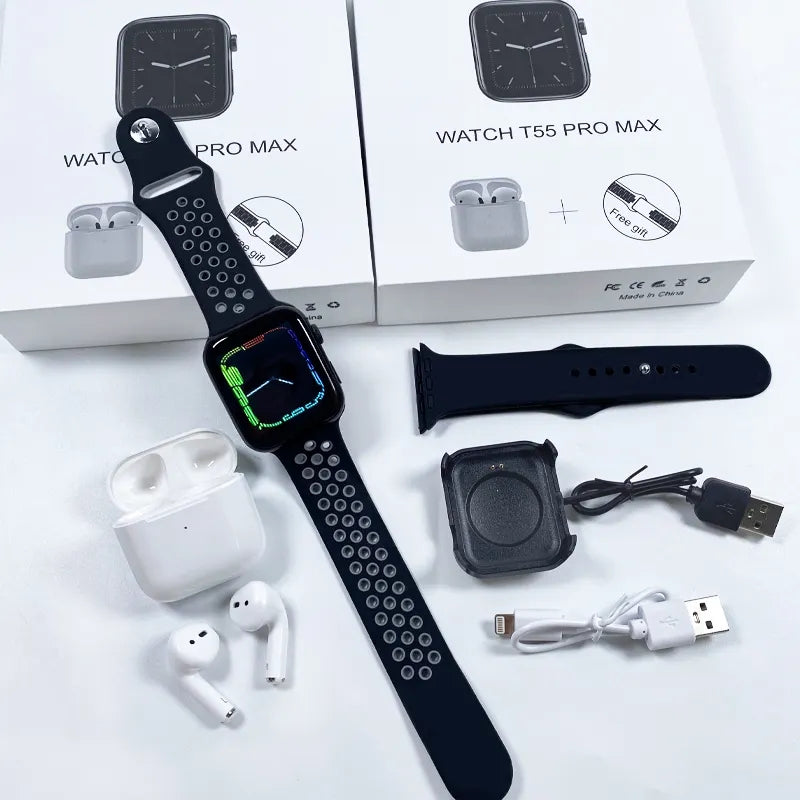 RichRipple 2 in 1 T55 Pro Max Smart Watch TWS Earphone in One Double Strap BT Call Smart Watches Reloj 1.44 Inch Screen T55 Pro Max SmartWatches