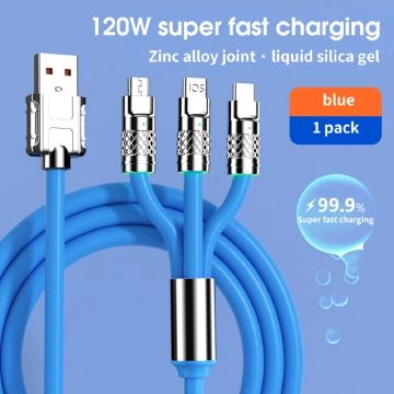FRANK Max120W 3in1 Fast Charging USB Cable 2.4A Charging Cable Liquid Soft Silicone USB Data Cable USB C/iOS/Micro USB Adapters