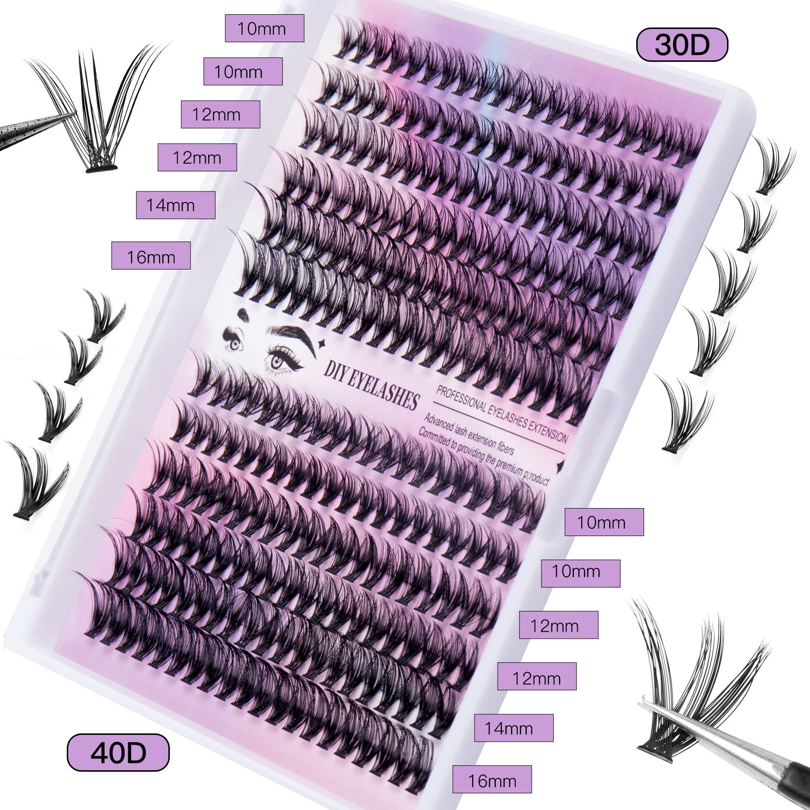 DIY Sectional 30D+40D False Eyelashes 12 rows with large capacity glue tweezers set eyelashes combination 30D+40D+ Pink double-head glue + pink tweezers