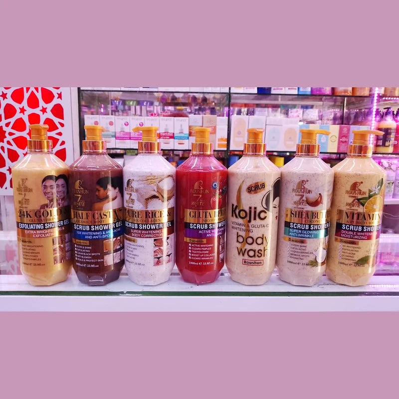 Row of Kojic skincare products on a shelf with a colorful background