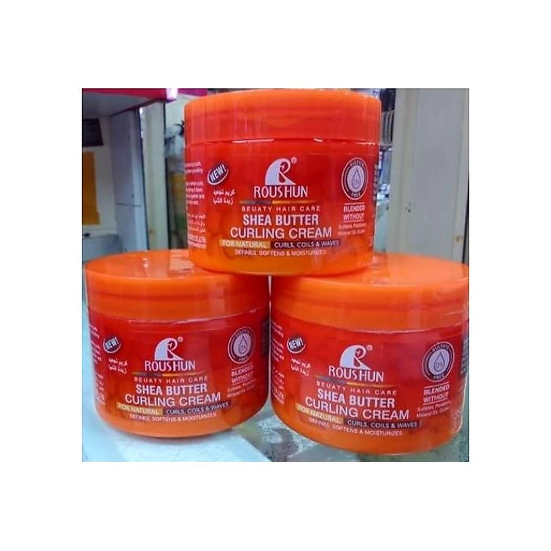 Three jars of Roushun Shea Butter Curling Cream on a white background