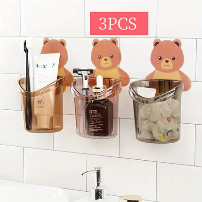 3pc Toothbrush Holders Cup Holders Storage Rack Bear Mug Household Punch-free Traceless Adhesive Suitable For Bathroom
