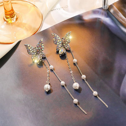 2024 Fashion Jewellerys 1 Pair Shiny Butterfly Rhinestone Drop Dangle Earrings Women Elegant Long Pearl Tassel Chain Pendant Party Jewelry Earrings Jewelry for Teen Girls Gift Spring Earrings Gifts