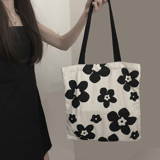 Korean Version of ins Canvas Bag Black and White Hyuna Flower Schoolgirl Fashion Versatile Shoulder Bag Shopping Bag