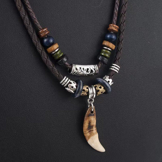Men Bohemian Wolf Tooth Pendant Necklace Woven Vintage Handmade Cross Beads Stylish Tribal Design Tooth Rope Necklace Jewelry