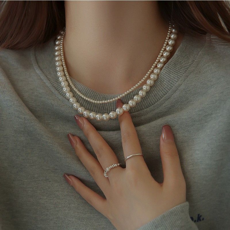 New French temperament geometric pearl double-layer necklace fashionable simple high-end clavicle chain fashionable versatile necklace