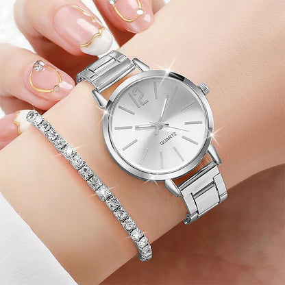 6PCS/Set Fashion Women's Quartz Watch Stainless Steel Band Wrist Watches Diamond Jewelry Set