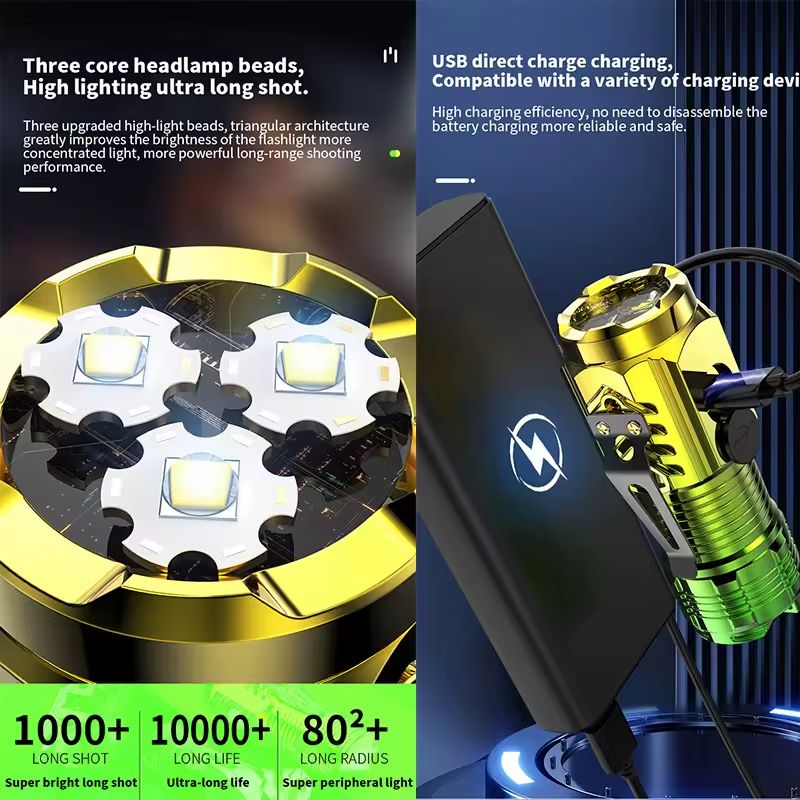 Strong Light Three-eye Rechargeable Flashlights Portable Long-lasting LED Light Multi-speed Adjustment Strong Light Long Shot Outdoor Lighting Torches Camping Light Emergency Work Light