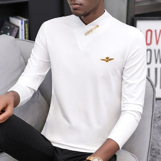 Men Tshirts Sweatshirts Warm Thick Polos Sweaters Tops Formal Long Sleeve Shirts Men Turtleneck Shirts-WhiteV-Neck