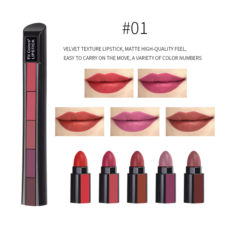 5 In 1 Matte Lipstick Kit Waterproof Nude Combination Lipgloss Long Lasting Velvet Red Show Complexion Makeup