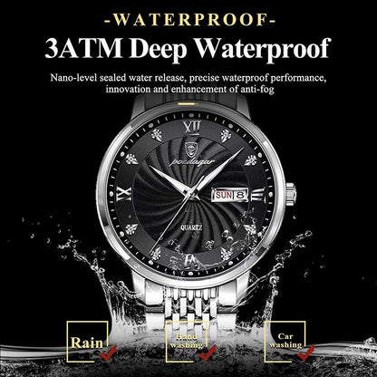POEDAGAR Men watches Waterproof Luminous Date Week Men's Quartz Dual Calendar Wristwatch Stainless Steel Fashion Sports Men Watches High Quality Quartz Clock Business Men's Watches
