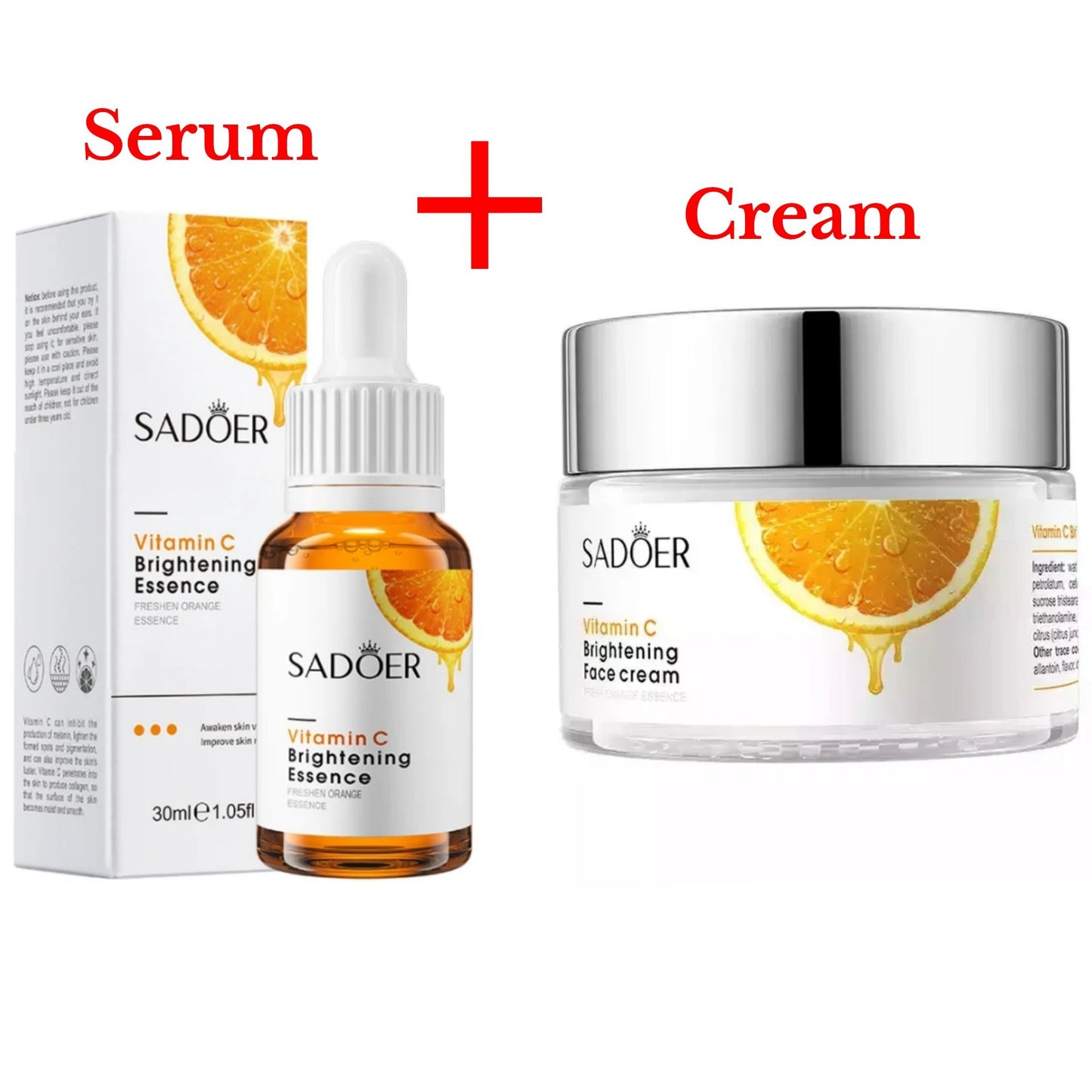 2 in 1 Sadoer Set of Vitamin C Face Brightening Cream + Vitamin C Face Brightening Essence / Serum, Brightens Skin, Moisturizes, Fades Dark Spots, Makes the Skin Glow