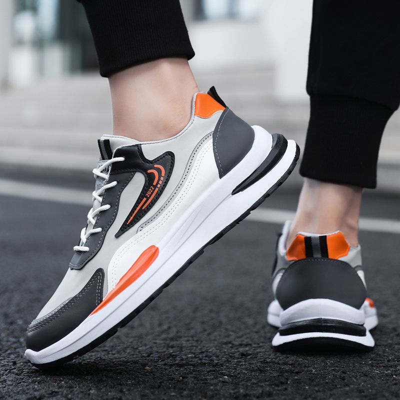 Size 41-45 Men's PU artificial leather fashion sneakers outdoor sports shoes students running shoes Boys walking shoes athletic driving shoes grey +orange