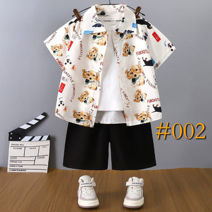 2-Piece Set (Shirt+Shorts) New Boys' Casual Clothing Set Cute Printed Short Sleeve Shirt & Summer Shorts Outfit For Kids