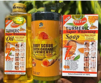 3 Pack Veet Gold Skin Care Set Oil + Scrub + Soap - Anti-aging Tumeric Super Whitening Body Cream-body Repair Remove Dead Skin Cell And Anti Darkspots Tender and Gentle Formula Body Cream