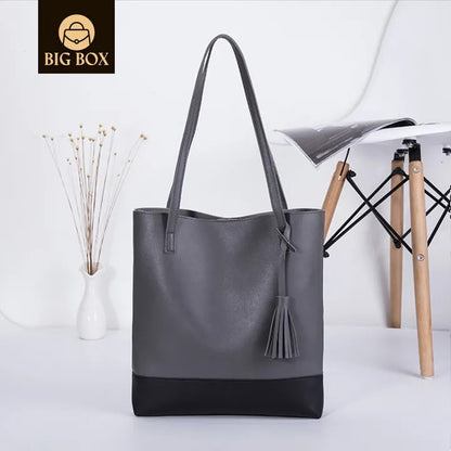 BigBox Women color blocking Handbag Designer Fashionable large capacity tassel design PU leather shoulder tote bag women handbag