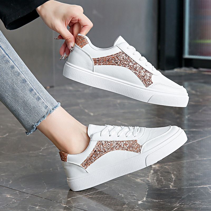 Size 38-41 Women's PU artificial leather white shoes ladies fashion sports athletic students running sneakers girls flat casual lace-up board shoes white +golden