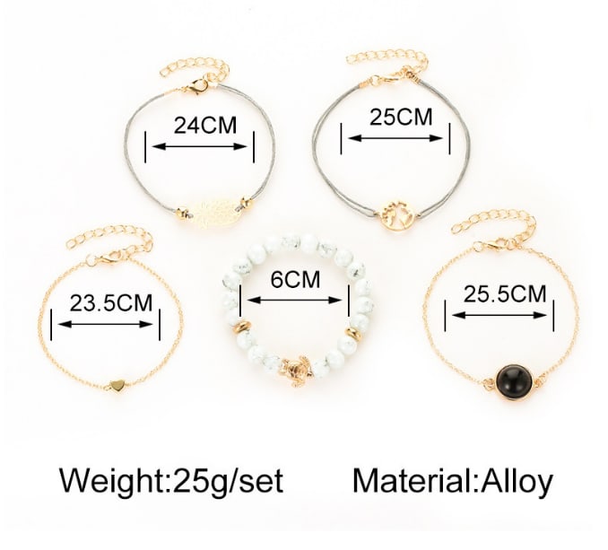 Fashion All-match Women's Alloy Pineapple Love Map Beaded Bracelet Jewellery MMSHOP Amazon Hot Sale 5 Pieces / set Gold as picture