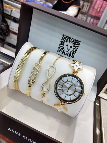 Anne Klein Watch Set – Elegant Quartz Watch & Bracelet Bundle with Crystal Accents, Mother-of-Pearl Dial, Jewelry Clasps & Splash-Resistant Design for Timeless Style