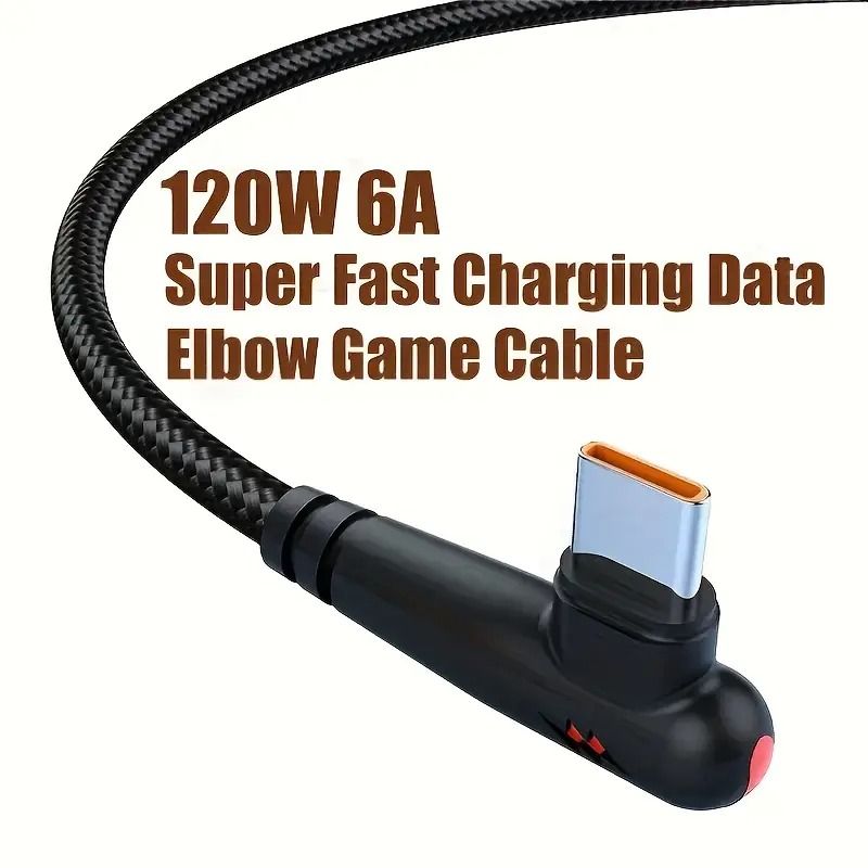 1/1.5M 90-degree angled Type-C 120W 6A super-fast charging data cable suitable for Android phone charging gaming and car b charging