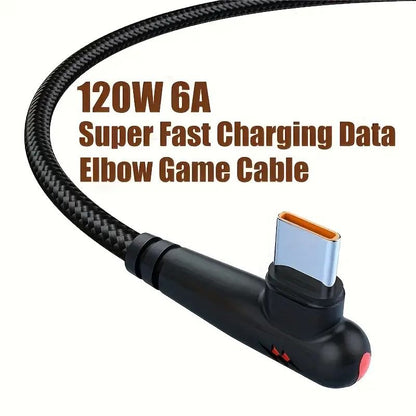 1/1.5M 90-degree angled Type-C 120W 6A super-fast charging data cable suitable for Android phone charging gaming and car b charging