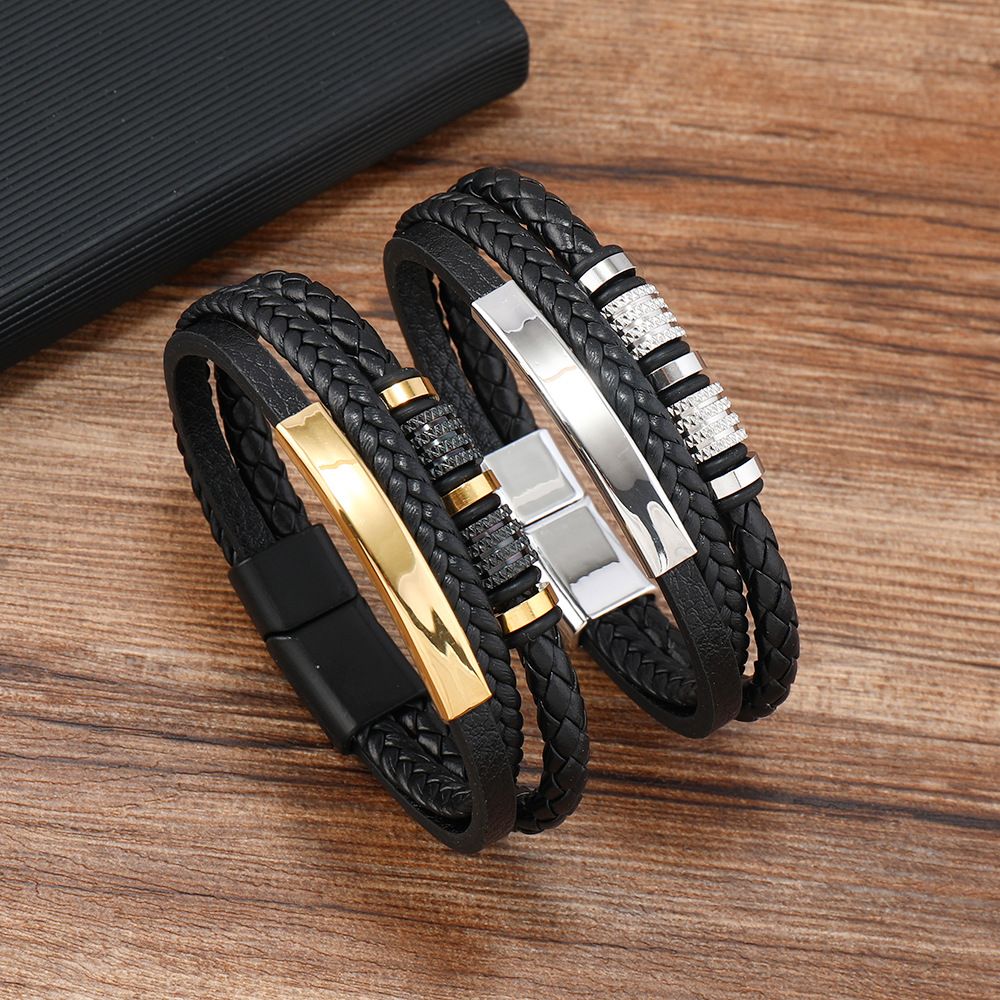 Trendy Leather Bracelets For Men Stainless Steel Bracelet 21CM Multilayer Braided Rope Bracelets for Male Jewelry Gifts