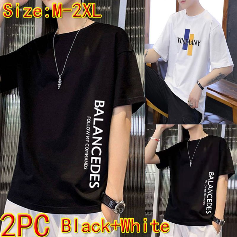 Size M -2XL 2PC men's clothes students white+black short sleeve clothing boys casual round neck slim T-shirt youth tops