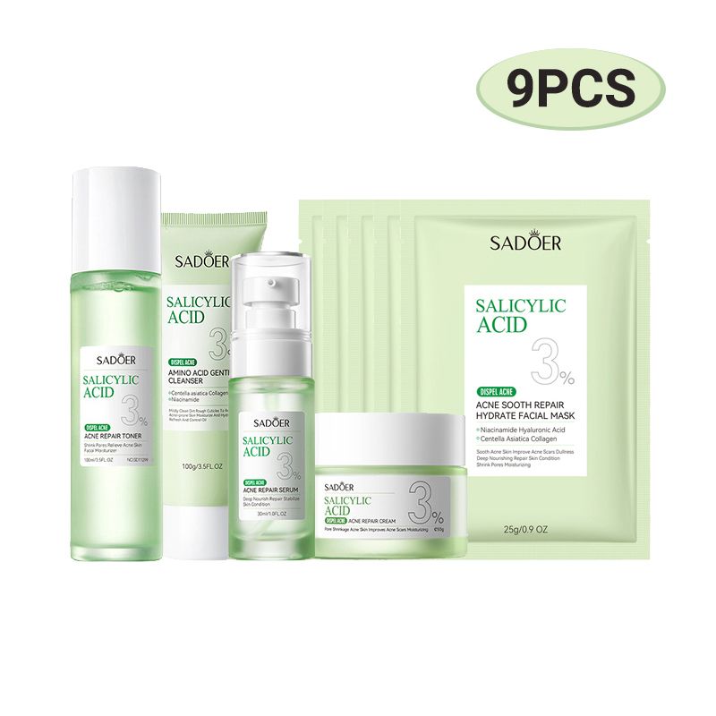 SADOER 9PCS Skin Care Set Salicylic Acid Set Dispel Acne Repair Face Cream + Lighten Acne Marks Face Cleanser + Anti-Acne Repair Toner + Acne Removal Face Serum + 5PCS Acne Sooth Hydrate Facial Masks