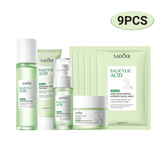 SADOER 9PCS Skin Care Set Salicylic Acid Set Dispel Acne Repair Face Cream + Lighten Acne Marks Face Cleanser + Anti-Acne Repair Toner + Acne Removal Face Serum + 5PCS Acne Sooth Hydrate Facial Masks