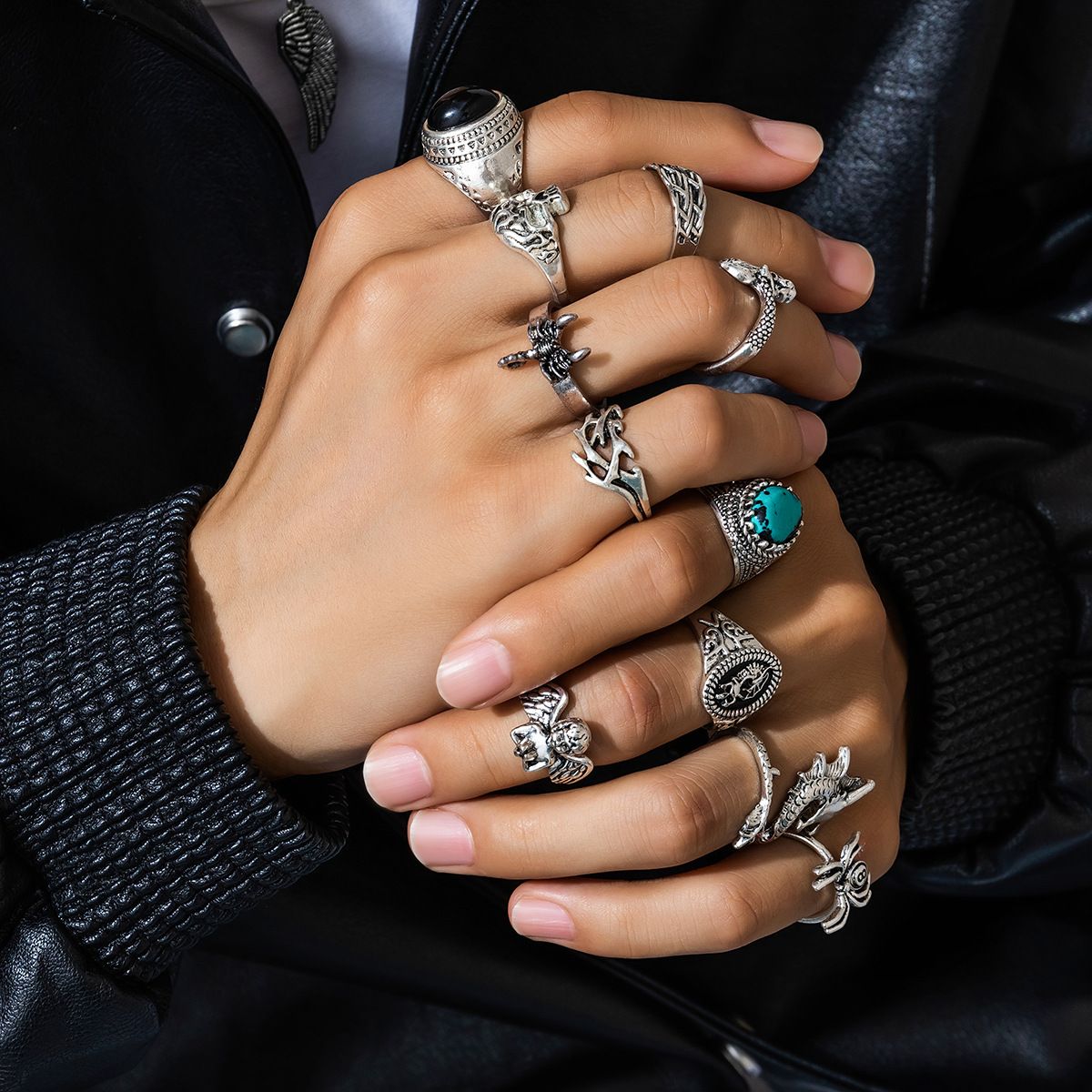 11Pcs Fashion Design Sense Niche Premium Ring Turquoise Men's Ring Set