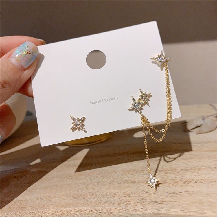 Temperament asymmetric long women's tassel earrings one-piece star ear cuff earrings