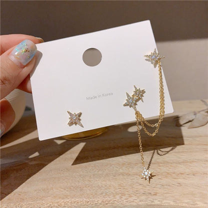 Temperament asymmetric long women's tassel earrings one-piece star ear cuff earrings