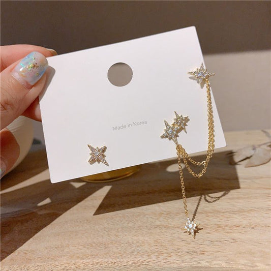 Temperament asymmetric long women's tassel earrings one-piece star ear cuff earrings