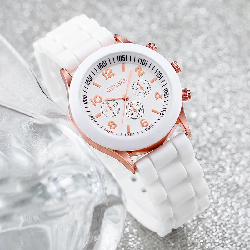 6PCS/Set Women's Watches Casual Silicone Band Analog Quartz Watch Heart Pearls Jewelry Set