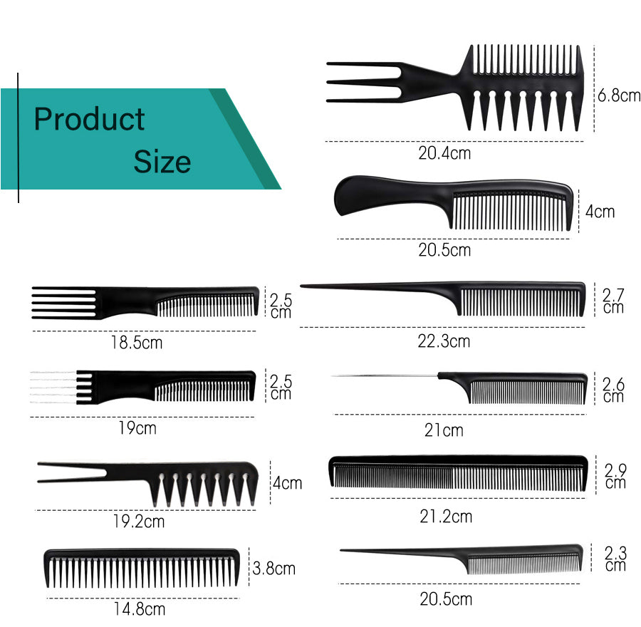 New 10Pcs Black Professional Combs Hairdressing New Tail Comb Carbon Anti Static Comb Hair Cutting Comb Free Storage Bag
