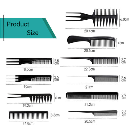 New 10Pcs Black Professional Combs Hairdressing New Tail Comb Carbon Anti Static Comb Hair Cutting Comb Free Storage Bag