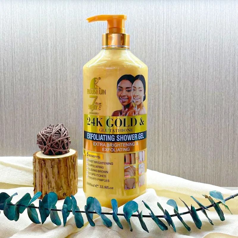 ROUSHUN Body Wash 24K and Glutathione Whitening Shower Gel 1000ml Removes Acnes Clear Pimples Cleans and Hydrates Glow and Shine 24K and Glutathione Scrub Shower Cream 1000 ml Body Washe