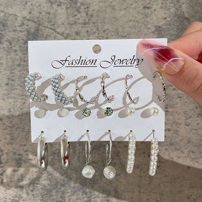 9 pairs of earring set New inlaid imitation pearl earrings exaggerated personality creative French retro gold earrings set 9-piece women's fashion accessories jewelry