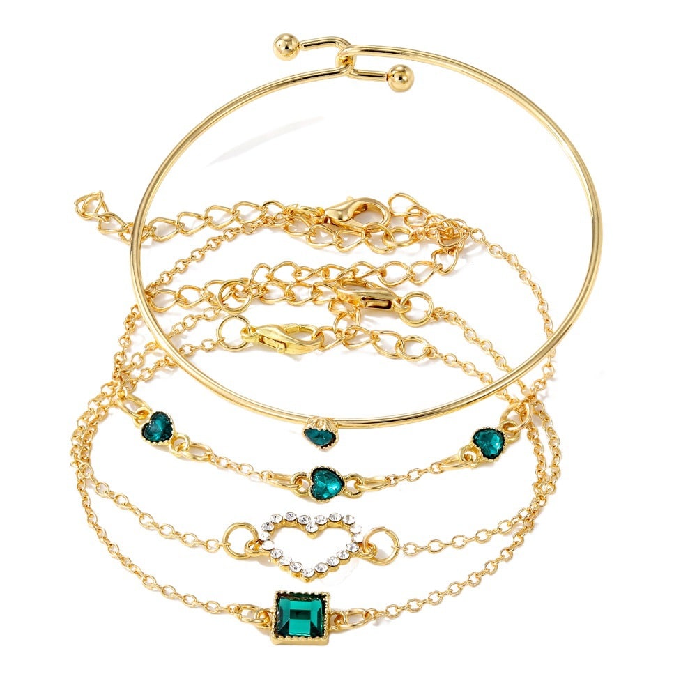 ZHJH 4PCS Women's Gold Bracelet Set Punk Layered Stackable Gold Bracelet With Open Cuffs Wrapped Bracelet Chain Ankle Chain Suitable Emerald inlaid with diamonds For Girls' Fashion Jewelry