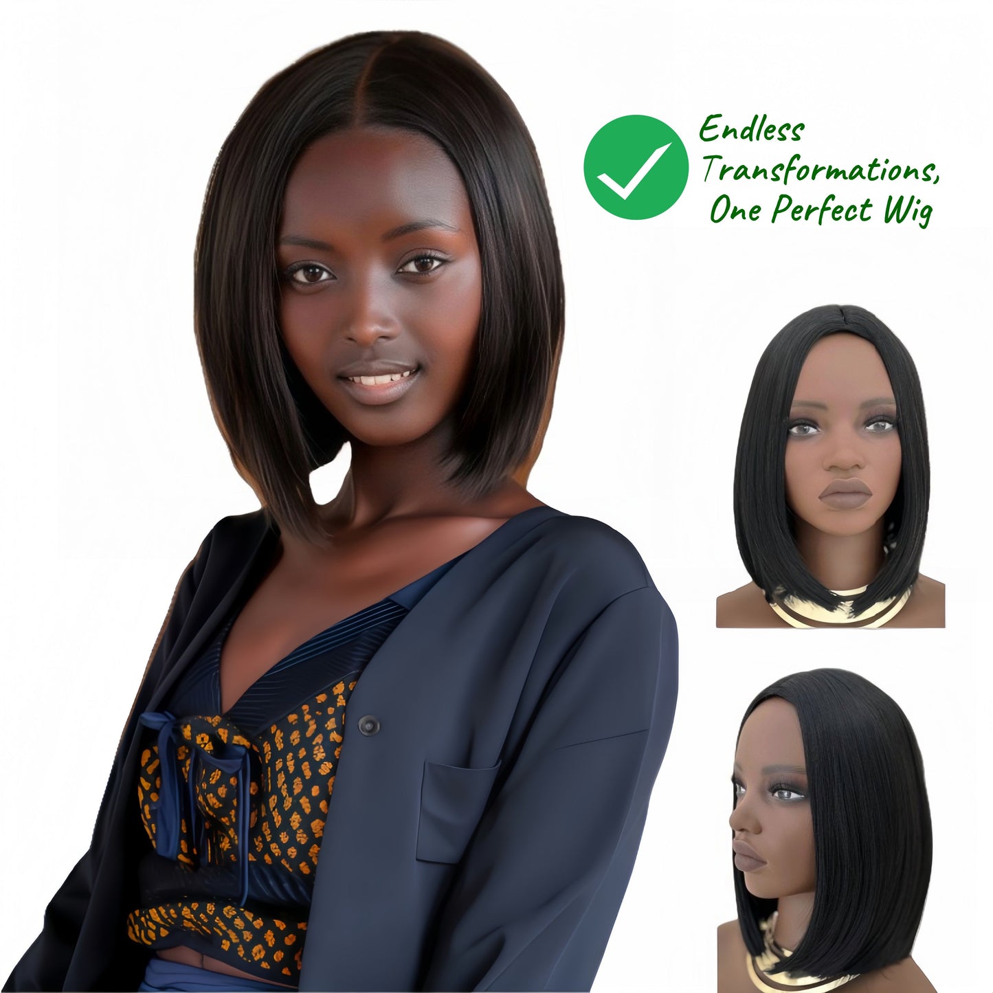 Synthetic Straight Bob Wigs - 12 Inch | 180% Density Natural Look(1B Black, Gift)