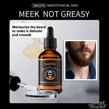 Beard care serum bottle with a dropper on a gray background, featuring text about smooth facial skin.
